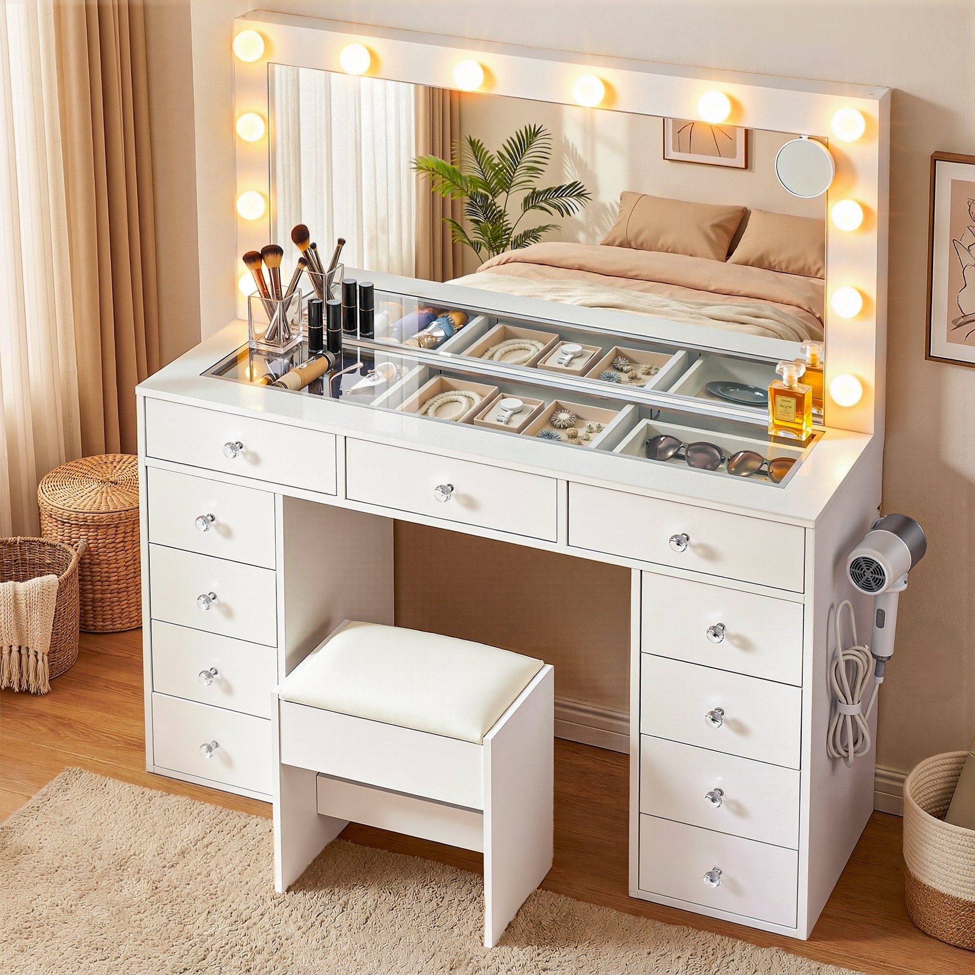 Dressing Table Vanity Desk Set Stool LED Bulbs White - Furniture > Bedroom > Dressing Vanity & Dressing Tables - Rivercity House & Home Co. (ABN 18 642 972 209) - Affordable Modern Furniture Australia