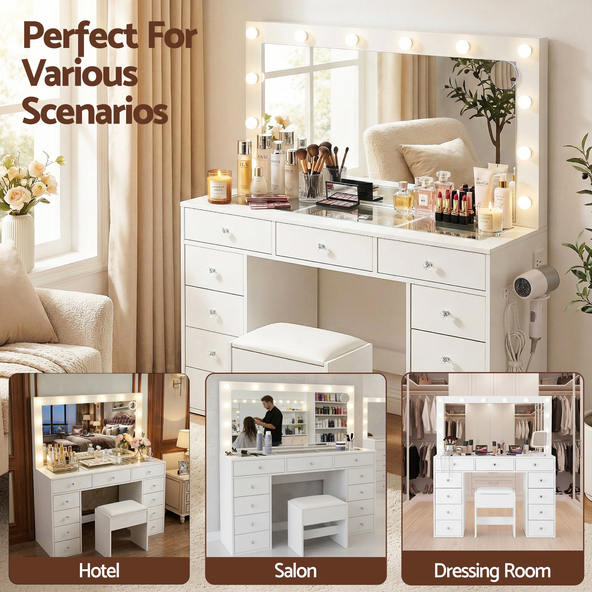 Dressing Table Vanity Desk Set Stool LED Bulbs White - Furniture > Bedroom > Dressing Vanity & Dressing Tables - Rivercity House & Home Co. (ABN 18 642 972 209) - Affordable Modern Furniture Australia