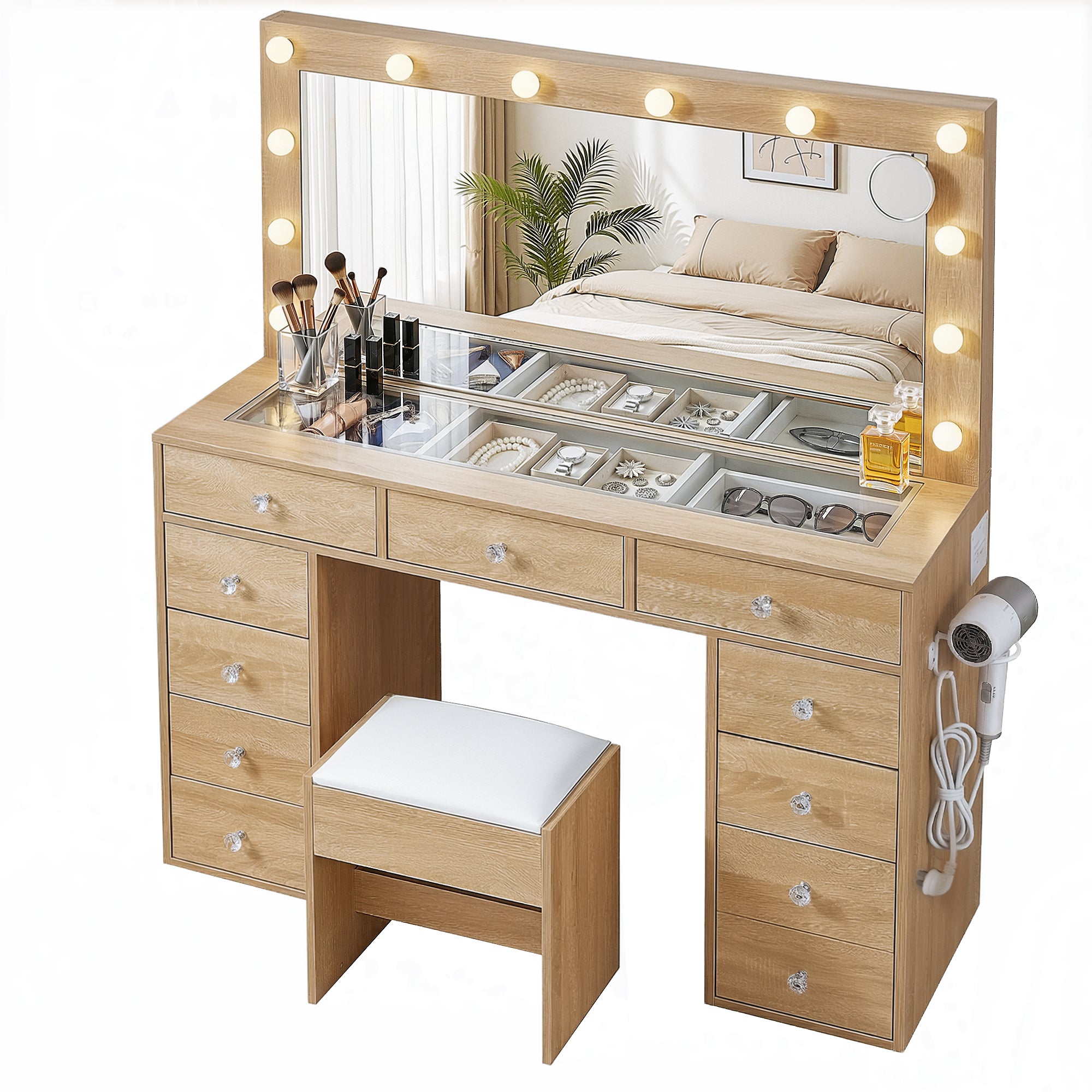 Dressing Table Vanity Desk Set Stool LED Bulbs Wood - Furniture > Bedroom > Dressing Vanity & Dressing Tables - Rivercity House & Home Co. (ABN 18 642 972 209) - Affordable Modern Furniture Australia