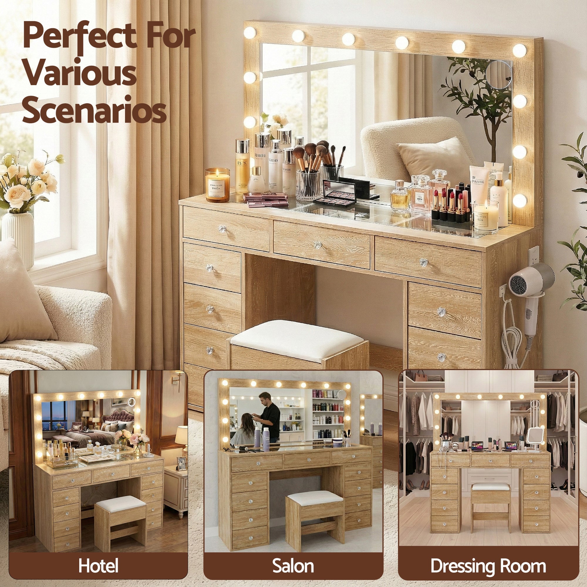 Dressing Table Vanity Desk Set Stool LED Bulbs Wood - Furniture > Bedroom > Dressing Vanity & Dressing Tables - Rivercity House & Home Co. (ABN 18 642 972 209) - Affordable Modern Furniture Australia