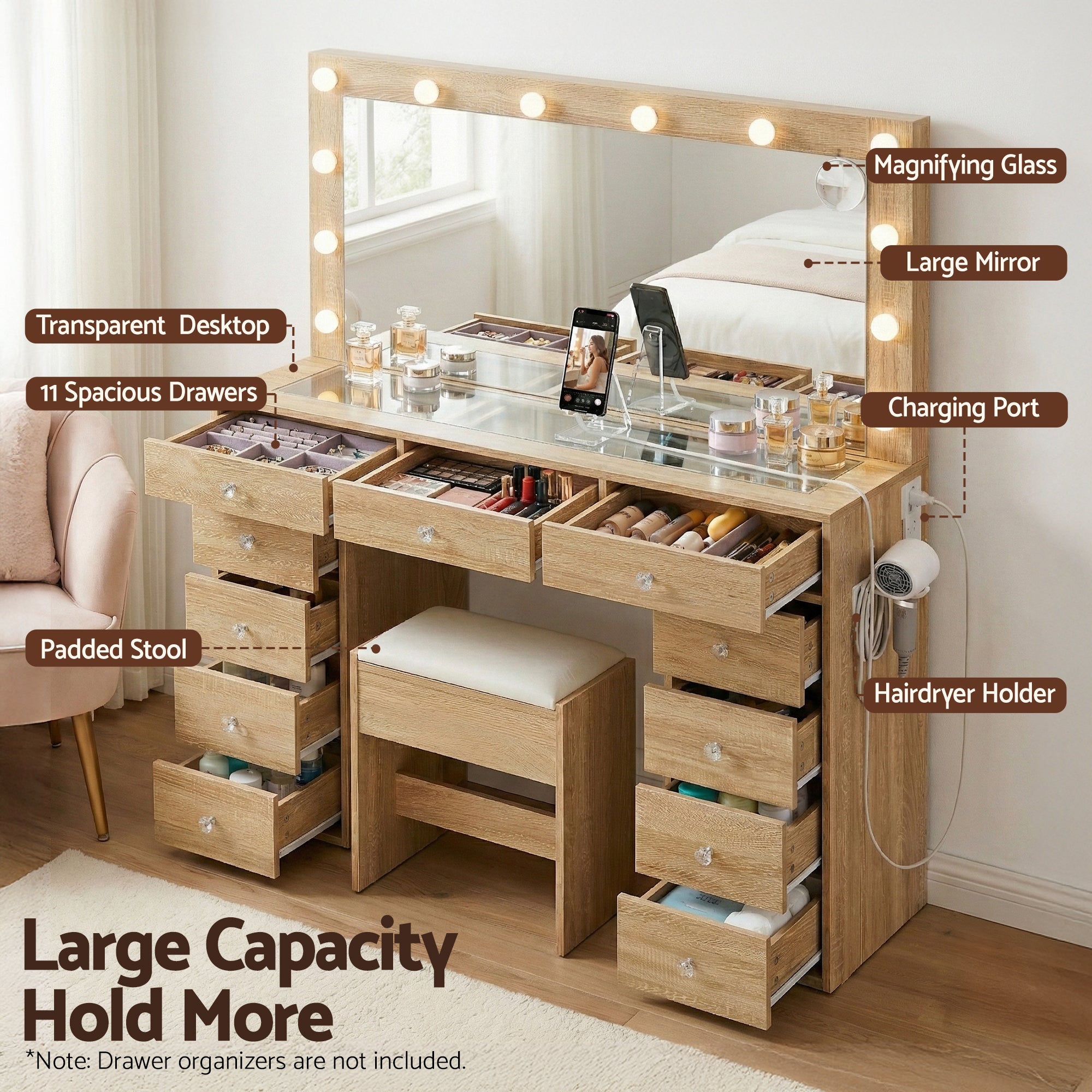 Dressing Table Vanity Desk Set Stool LED Bulbs Wood - Furniture > Bedroom > Dressing Vanity & Dressing Tables - Rivercity House & Home Co. (ABN 18 642 972 209) - Affordable Modern Furniture Australia