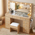 LED Dressing Table Vanity Desk with Stool, 11 Drawers & Charging Station - Wood