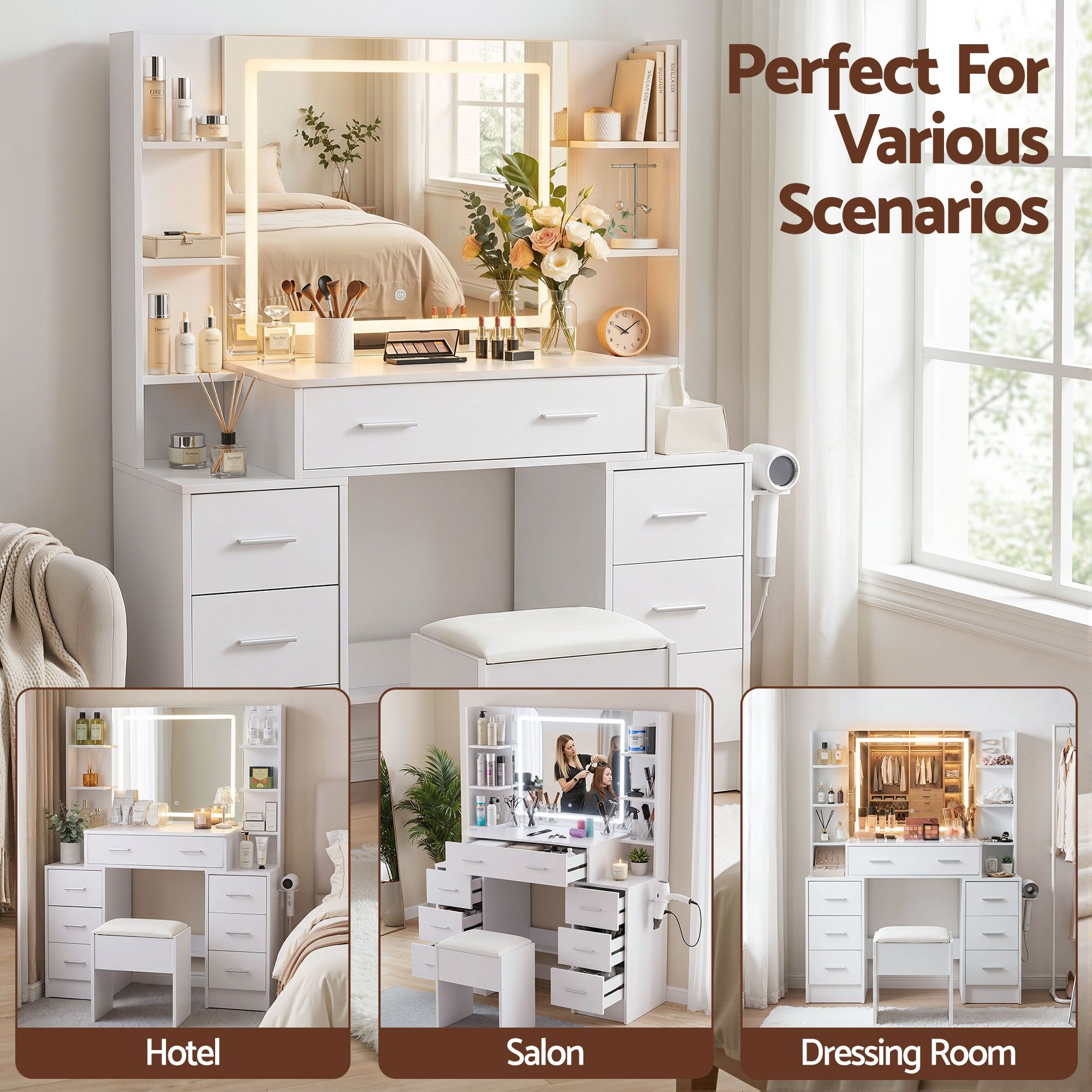 Dressing Table Vanity Desk Set Stool LED Charging Station White - Furniture > Bedroom > Dressing Vanity & Dressing Tables - Rivercity House & Home Co. (ABN 18 642 972 209) - Affordable Modern Furniture Australia