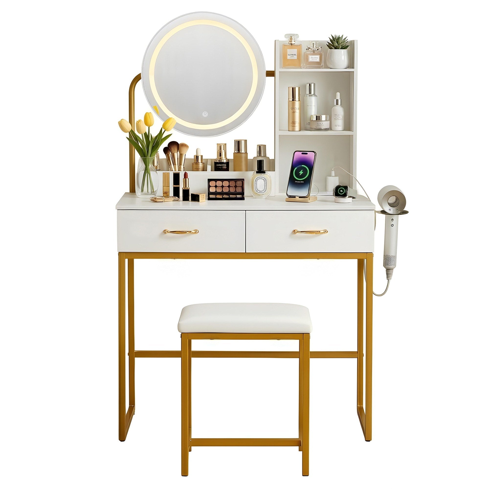 Dressing Table Vanity Desk Set Stool LED Charging Station White - Furniture > Bedroom > Dressing Vanity & Dressing Tables - Rivercity House & Home Co. (ABN 18 642 972 209) - Affordable Modern Furniture Australia