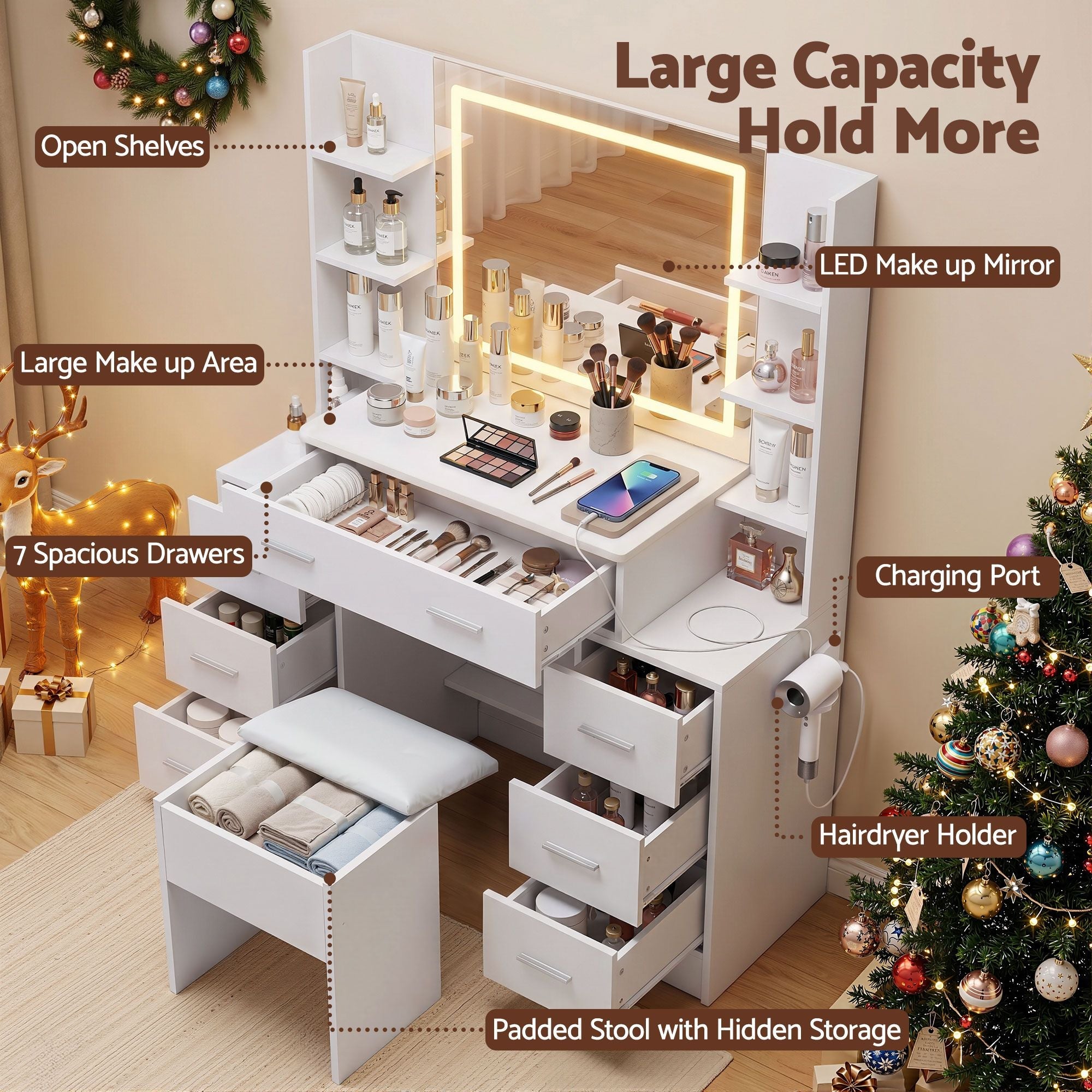 Dressing Table Vanity Desk Set Stool LED Charging Station White - Furniture > Bedroom > Dressing Vanity & Dressing Tables - Rivercity House & Home Co. (ABN 18 642 972 209) - Affordable Modern Furniture Australia