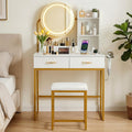 Dressing Table Vanity Desk Set Stool LED Charging Station White