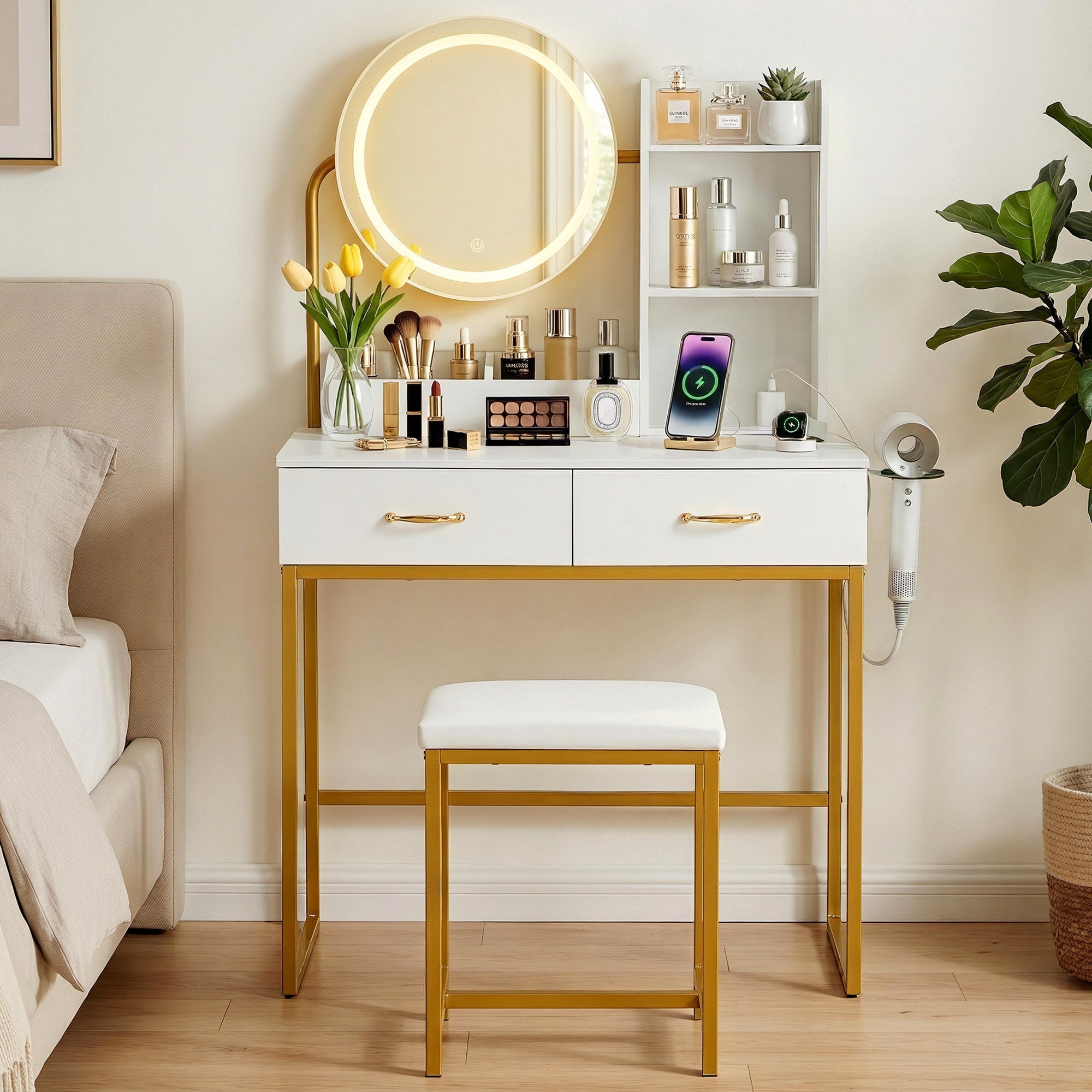 Dressing Table Vanity Desk Set Stool LED Charging Station White - Furniture > Bedroom > Dressing Vanity & Dressing Tables - Rivercity House & Home Co. (ABN 18 642 972 209) - Affordable Modern Furniture Australia
