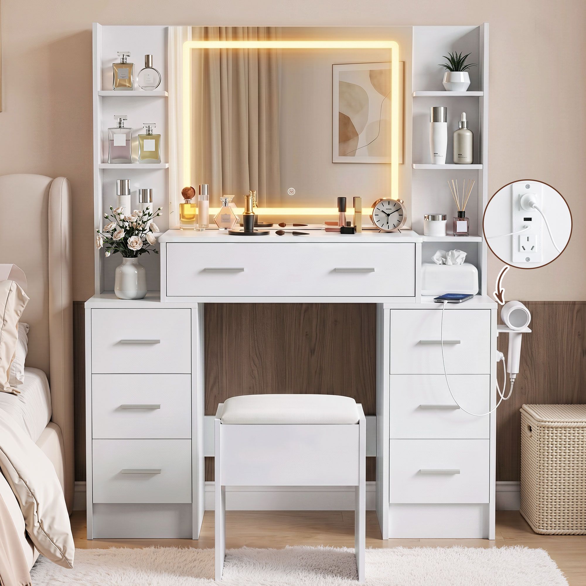 Dressing Table Vanity Desk Set Stool LED Charging Station White - Furniture > Bedroom > Dressing Vanity & Dressing Tables - Rivercity House & Home Co. (ABN 18 642 972 209) - Affordable Modern Furniture Australia