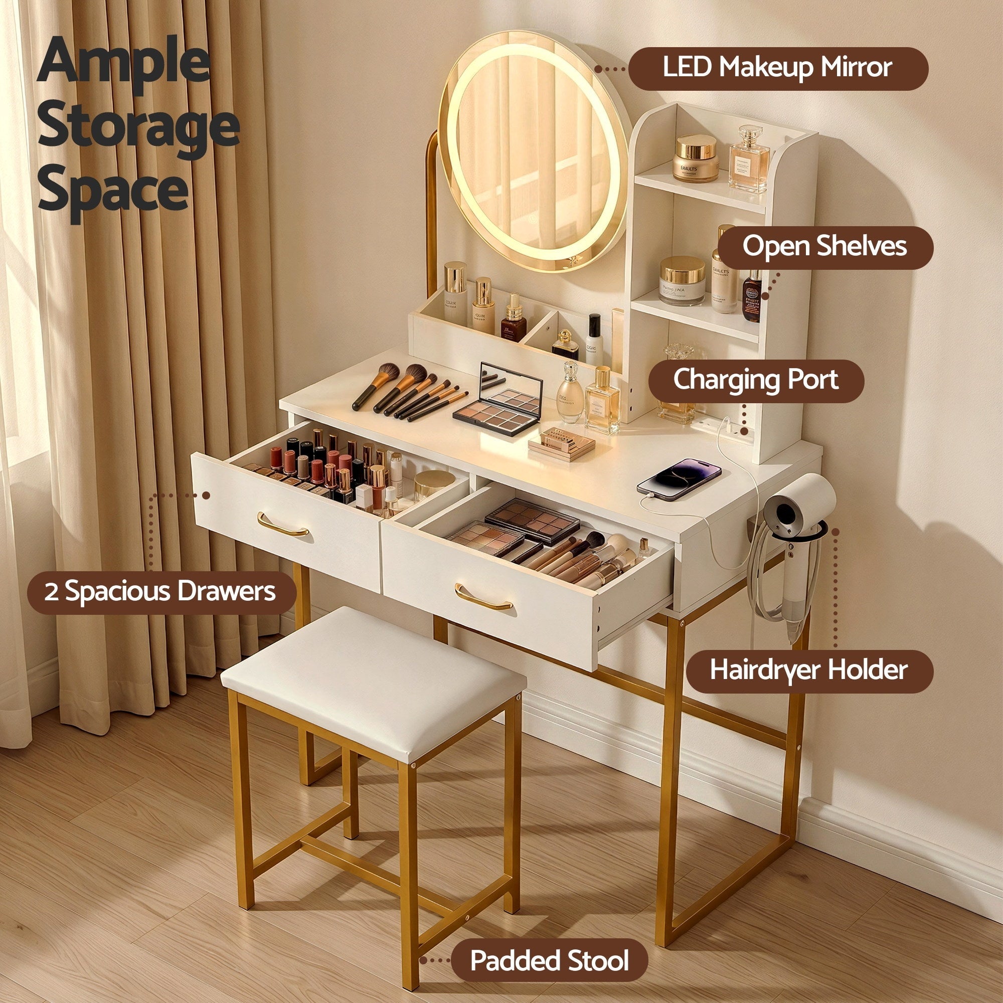 Dressing Table Vanity Desk Set Stool LED Charging Station White - Furniture > Bedroom > Dressing Vanity & Dressing Tables - Rivercity House & Home Co. (ABN 18 642 972 209) - Affordable Modern Furniture Australia