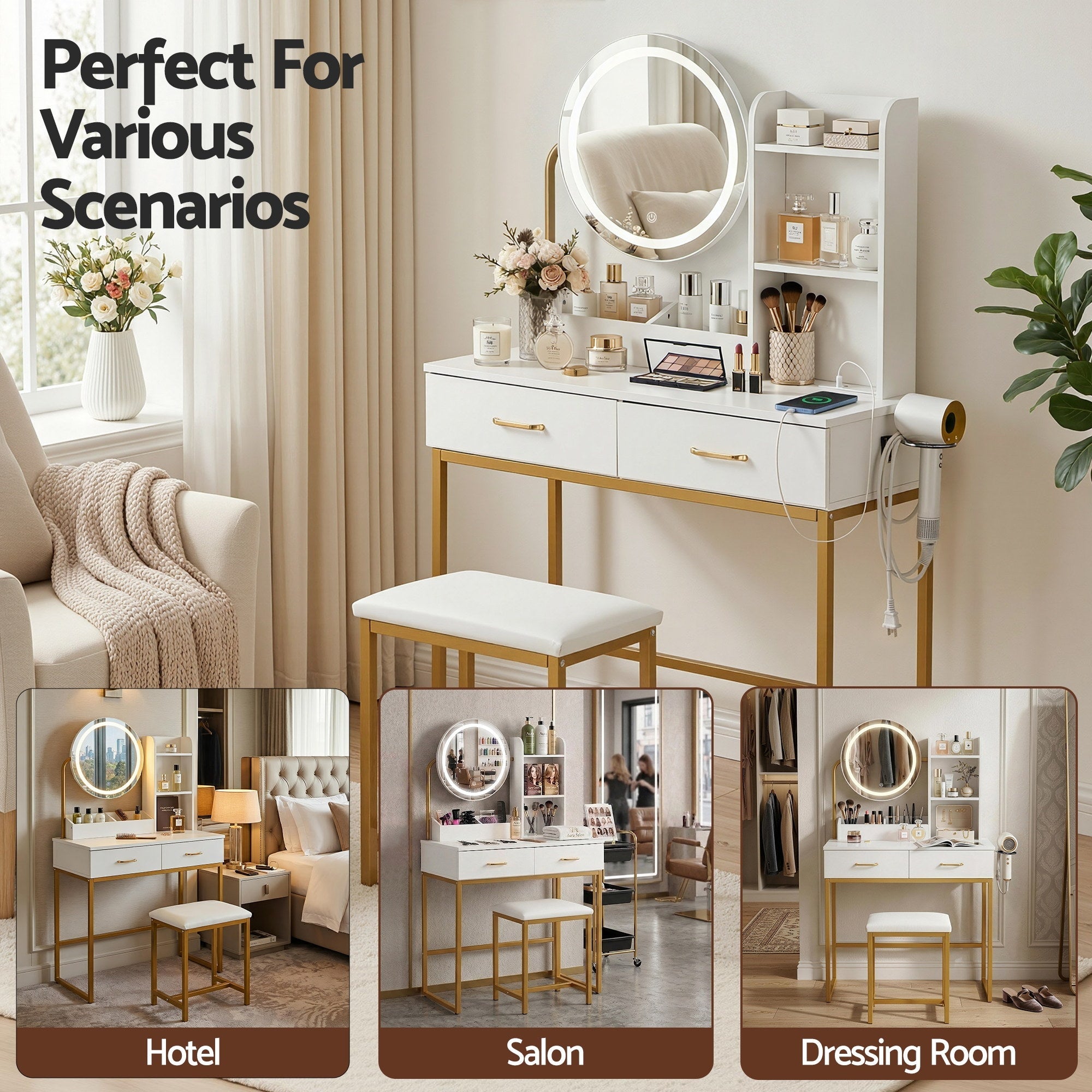Dressing Table Vanity Desk Set Stool LED Charging Station White - Furniture > Bedroom > Dressing Vanity & Dressing Tables - Rivercity House & Home Co. (ABN 18 642 972 209) - Affordable Modern Furniture Australia