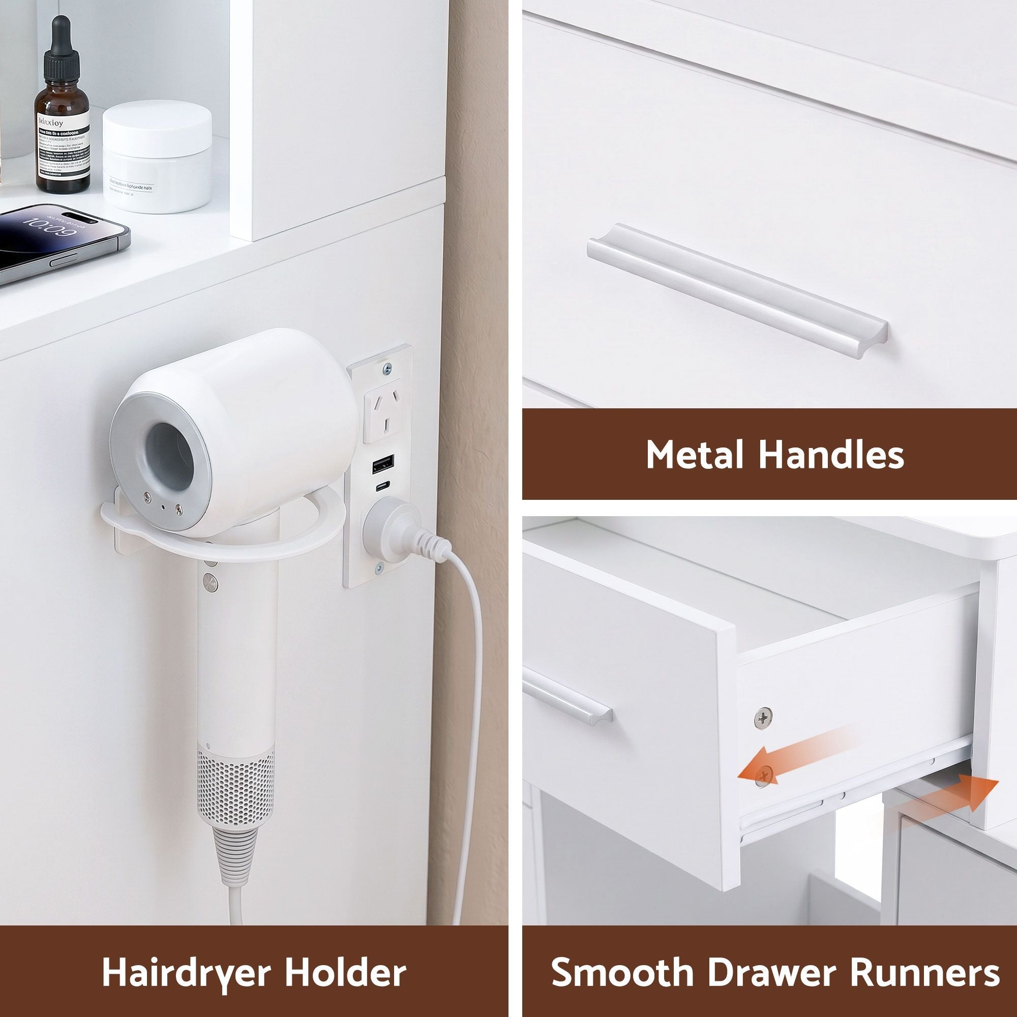 Dressing Table Vanity Desk Set Stool LED Charging Station White - Furniture > Bedroom > Dressing Vanity & Dressing Tables - Rivercity House & Home Co. (ABN 18 642 972 209) - Affordable Modern Furniture Australia