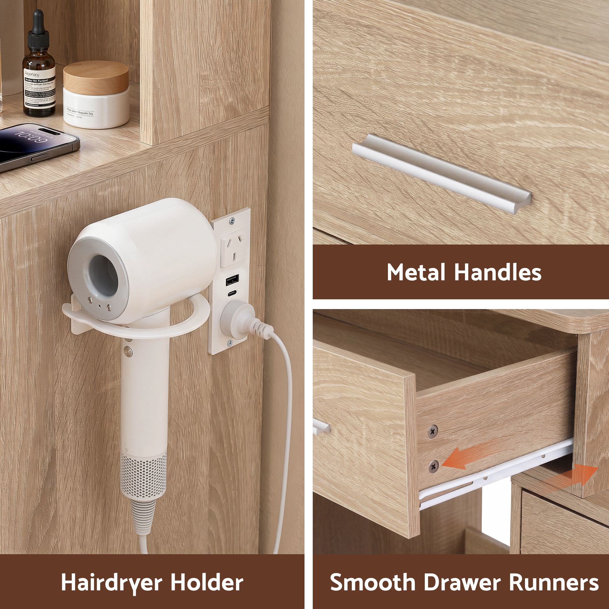 Dressing Table Vanity Desk Set Stool LED Charging Station Wood - Furniture > Bedroom > Dressing Vanity & Dressing Tables - Rivercity House & Home Co. (ABN 18 642 972 209) - Affordable Modern Furniture Australia