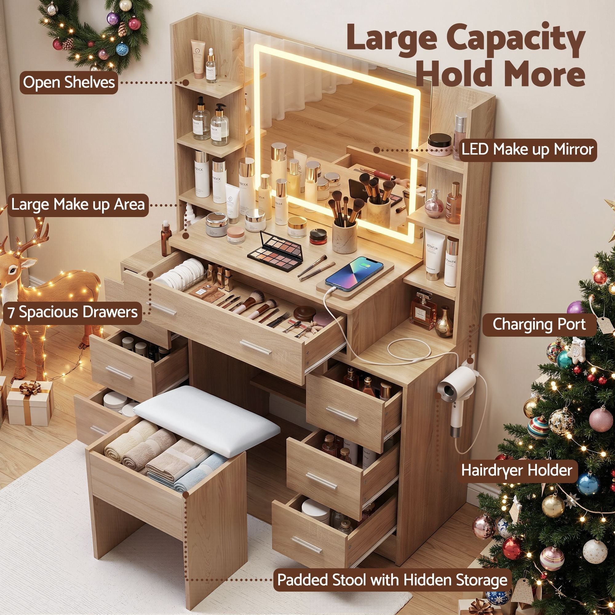 Dressing Table Vanity Desk Set Stool LED Charging Station Wood - Furniture > Bedroom > Dressing Vanity & Dressing Tables - Rivercity House & Home Co. (ABN 18 642 972 209) - Affordable Modern Furniture Australia