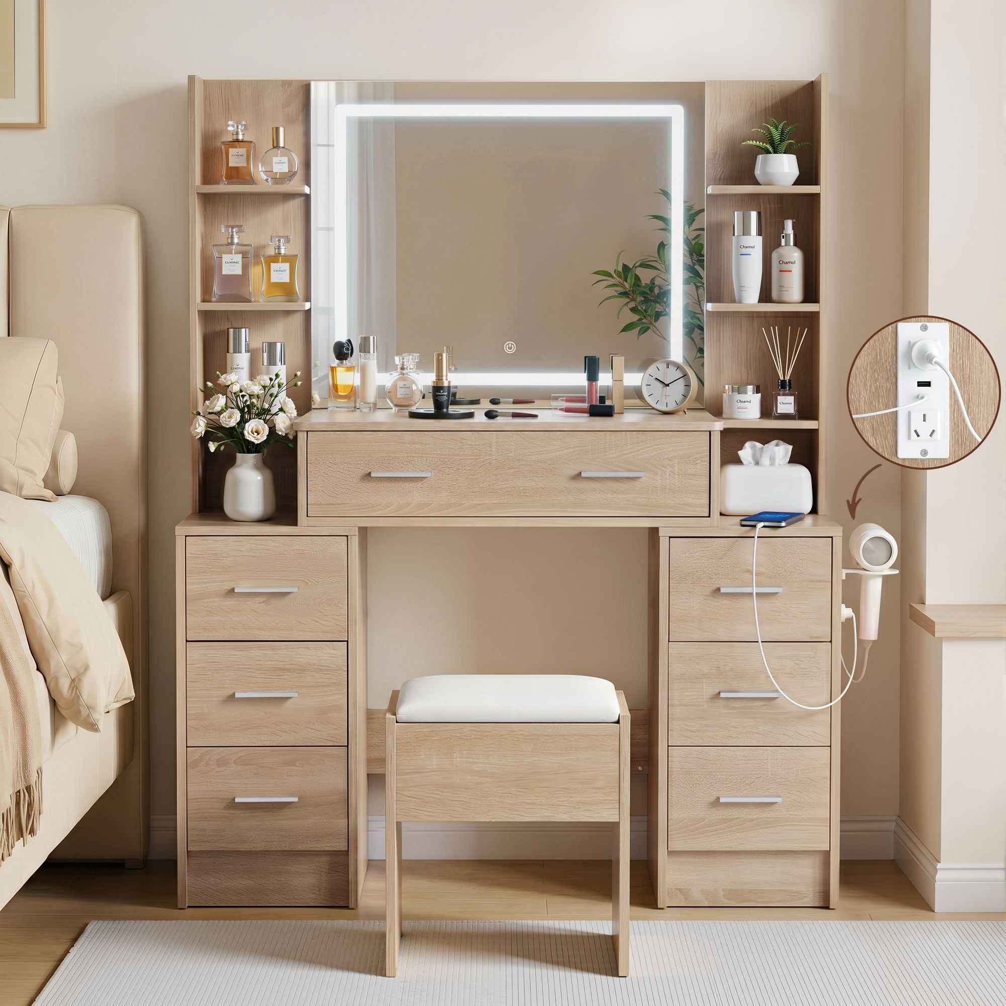 Dressing Table Vanity Desk Set Stool LED Charging Station Wood - Furniture > Bedroom > Dressing Vanity & Dressing Tables - Rivercity House & Home Co. (ABN 18 642 972 209) - Affordable Modern Furniture Australia