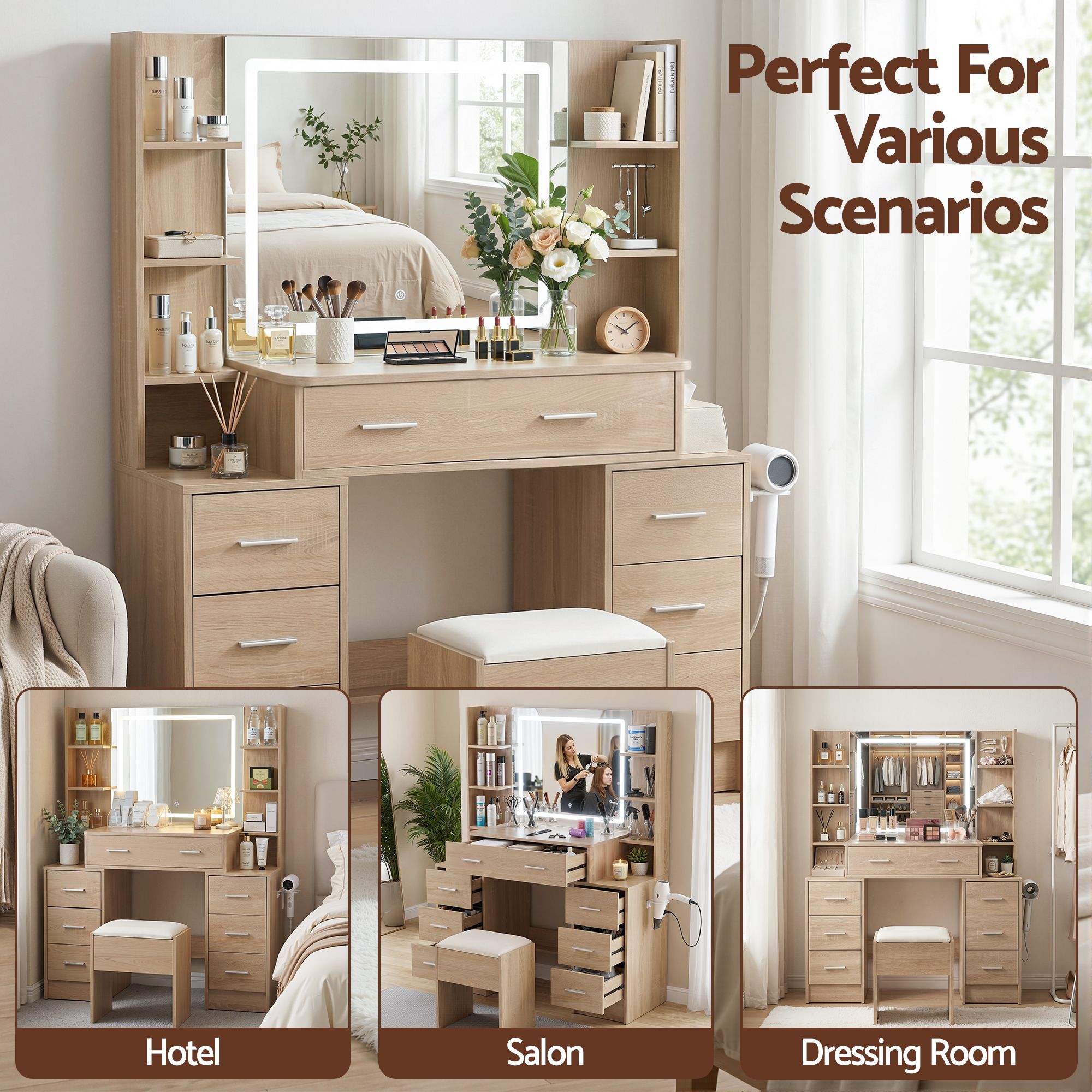 Dressing Table Vanity Desk Set Stool LED Charging Station Wood - Furniture > Bedroom > Dressing Vanity & Dressing Tables - Rivercity House & Home Co. (ABN 18 642 972 209) - Affordable Modern Furniture Australia