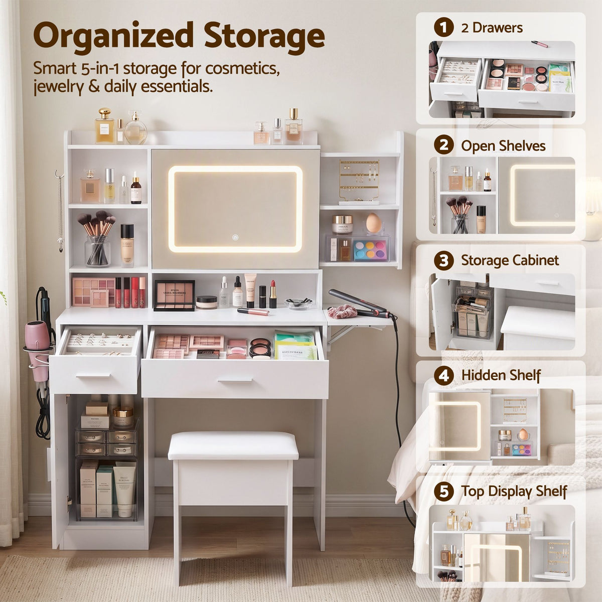 Dressing Table Vanity Desk Set with LED Mirror, Charging Station & Stool - White - Furniture > Bedroom > Dressing Vanity & Dressing Tables - Rivercity House & Home Co. (ABN 18 642 972 209) - Affordable Modern Furniture Australia