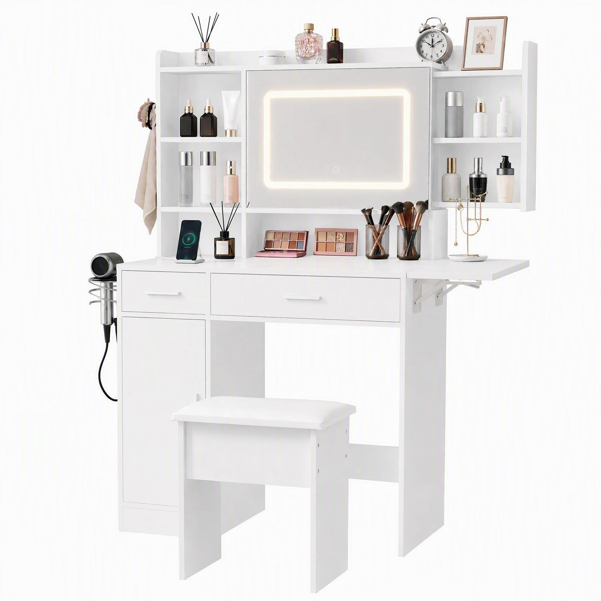 Dressing Table Vanity Desk Set with LED Mirror, Charging Station & Stool - White - Furniture > Bedroom > Dressing Vanity & Dressing Tables - Rivercity House & Home Co. (ABN 18 642 972 209) - Affordable Modern Furniture Australia