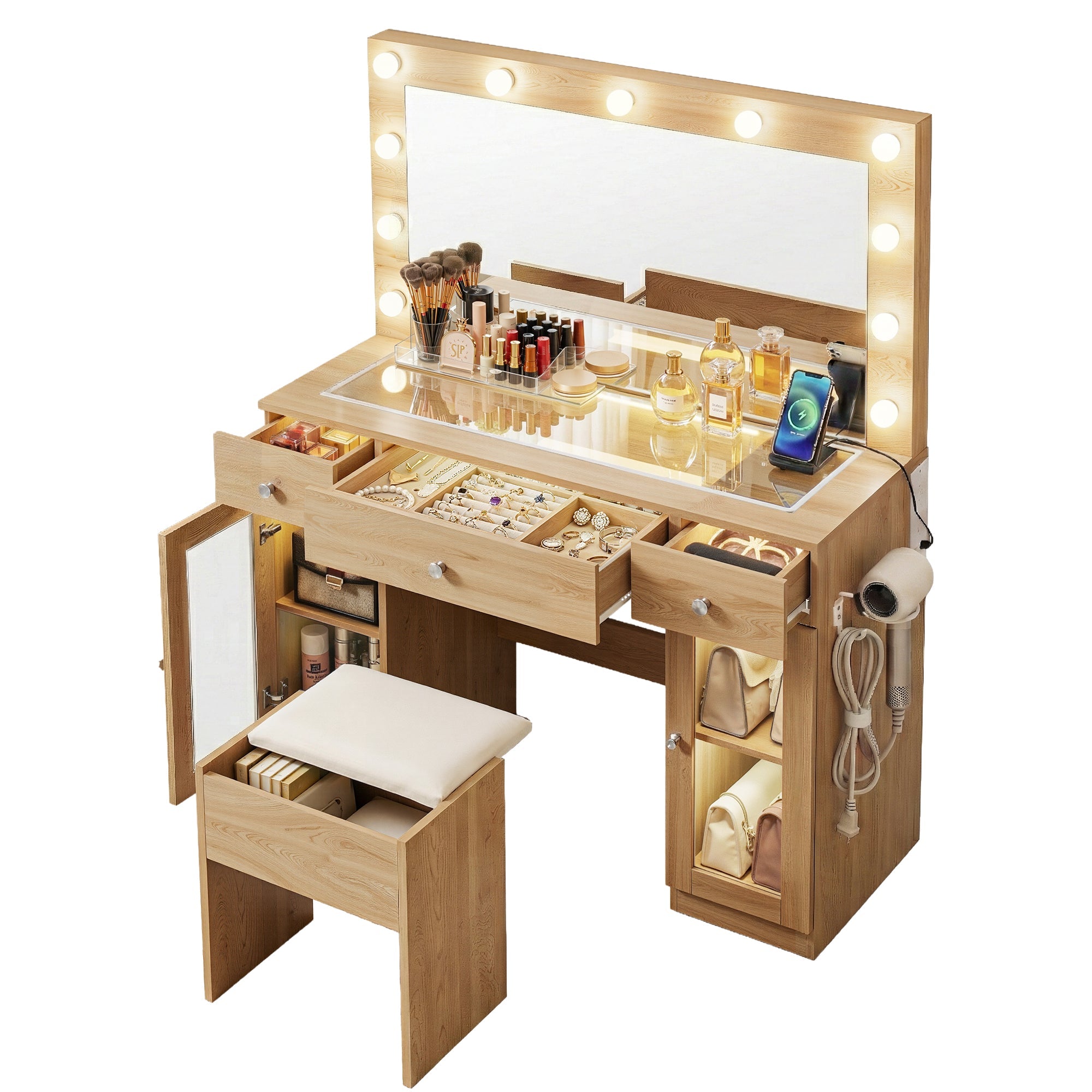 Dressing Table Vanity Desk Set with LED RGB Bulbs and Stool - Wood - Furniture > Bedroom > Dressing Vanity & Dressing Tables - Rivercity House & Home Co. (ABN 18 642 972 209) - Affordable Modern Furniture Australia