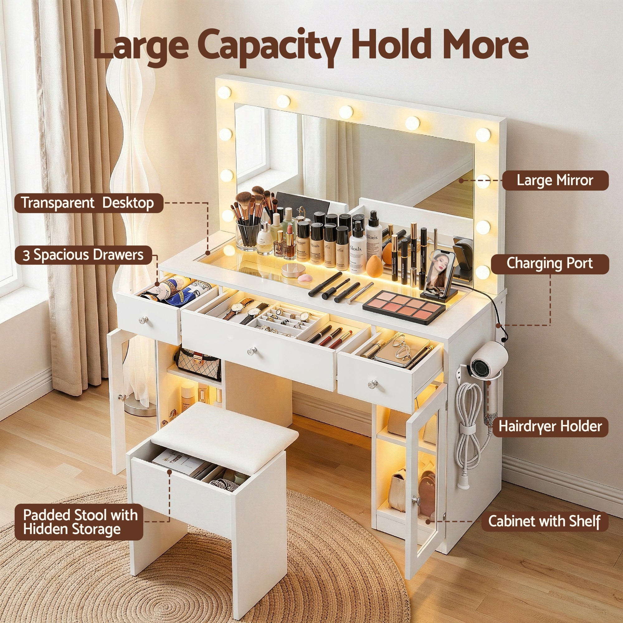 Dressing Table Vanity Desk Set with LED & RGB Lights - White - Furniture > Bedroom > Dressing Vanity & Dressing Tables - Rivercity House & Home Co. (ABN 18 642 972 209) - Affordable Modern Furniture Australia