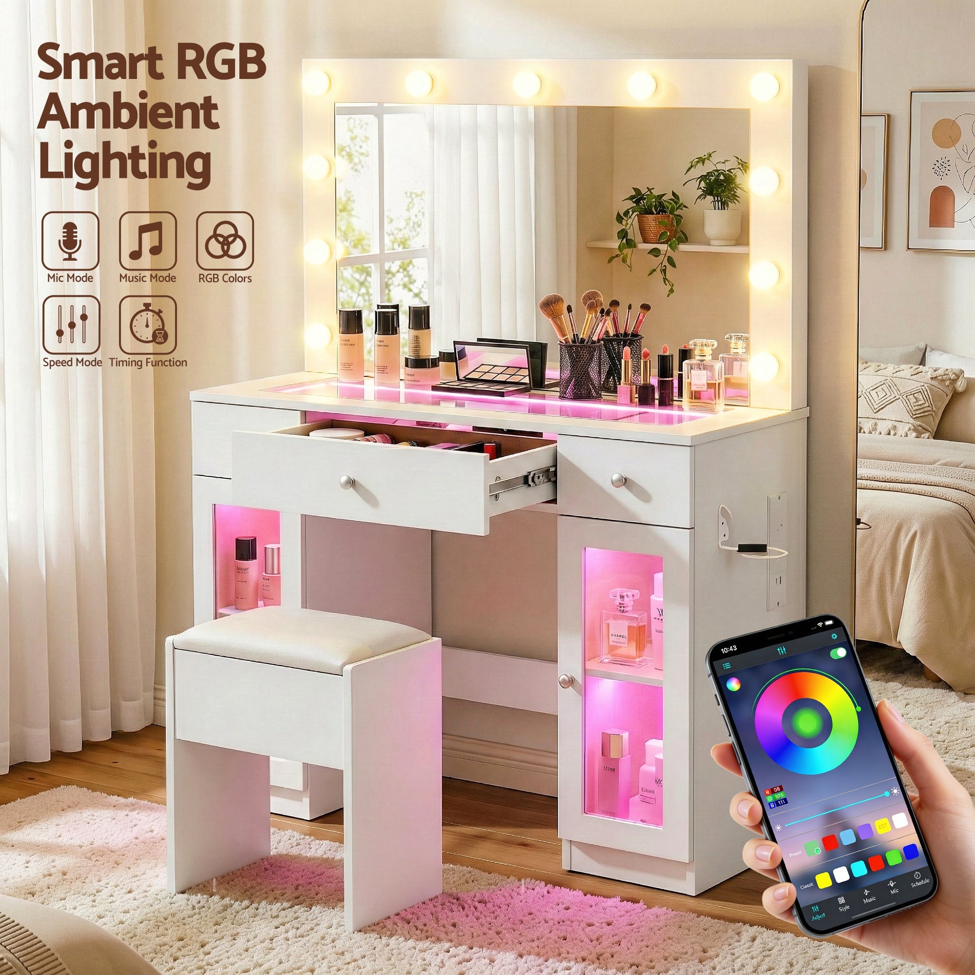 Dressing Table Vanity Desk Set with LED & RGB Lights - White - Furniture > Bedroom > Dressing Vanity & Dressing Tables - Rivercity House & Home Co. (ABN 18 642 972 209) - Affordable Modern Furniture Australia