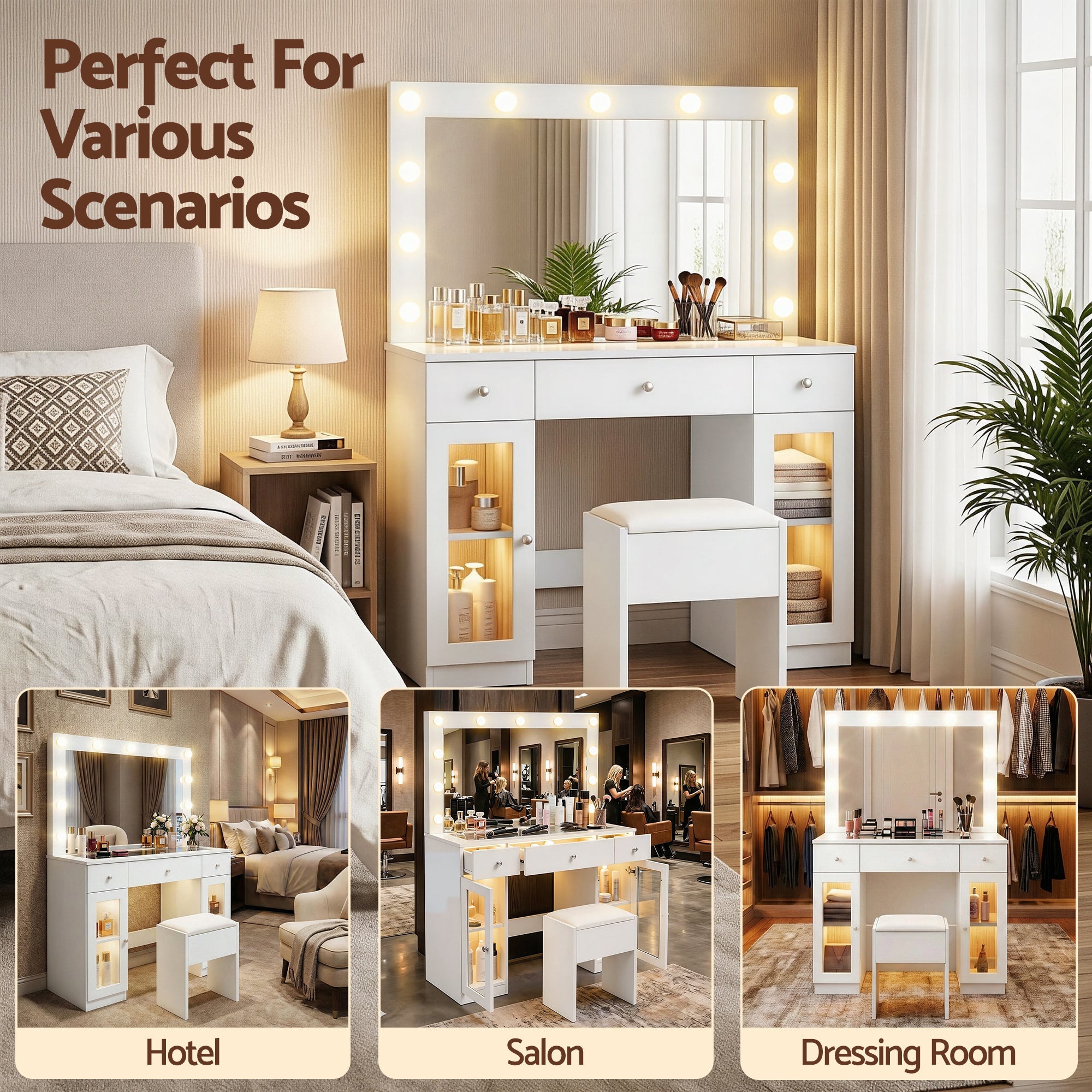 Dressing Table Vanity Desk Set with LED & RGB Lights - White - Furniture > Bedroom > Dressing Vanity & Dressing Tables - Rivercity House & Home Co. (ABN 18 642 972 209) - Affordable Modern Furniture Australia