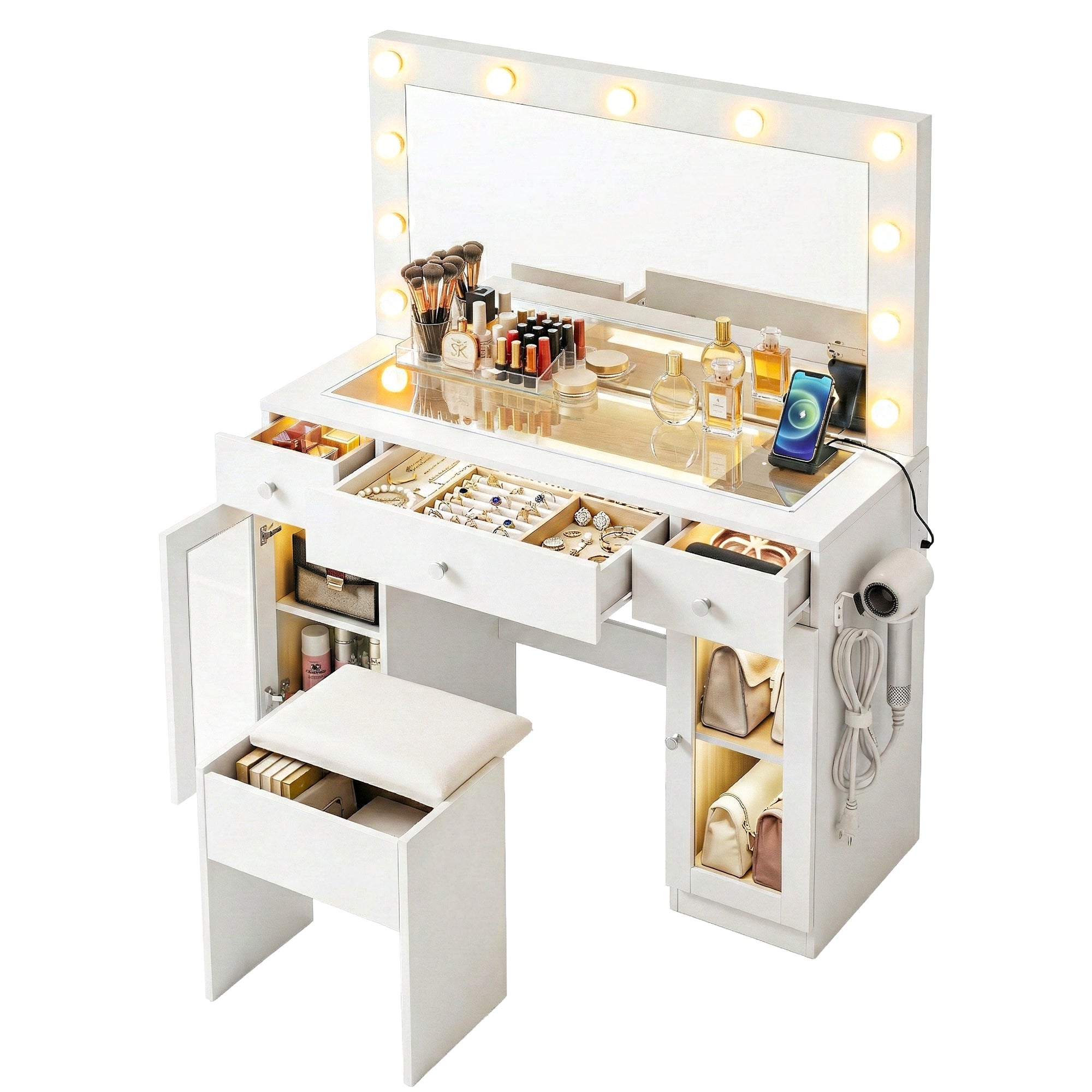 Dressing Table Vanity Desk Set with LED & RGB Lights - White - Furniture > Bedroom > Dressing Vanity & Dressing Tables - Rivercity House & Home Co. (ABN 18 642 972 209) - Affordable Modern Furniture Australia
