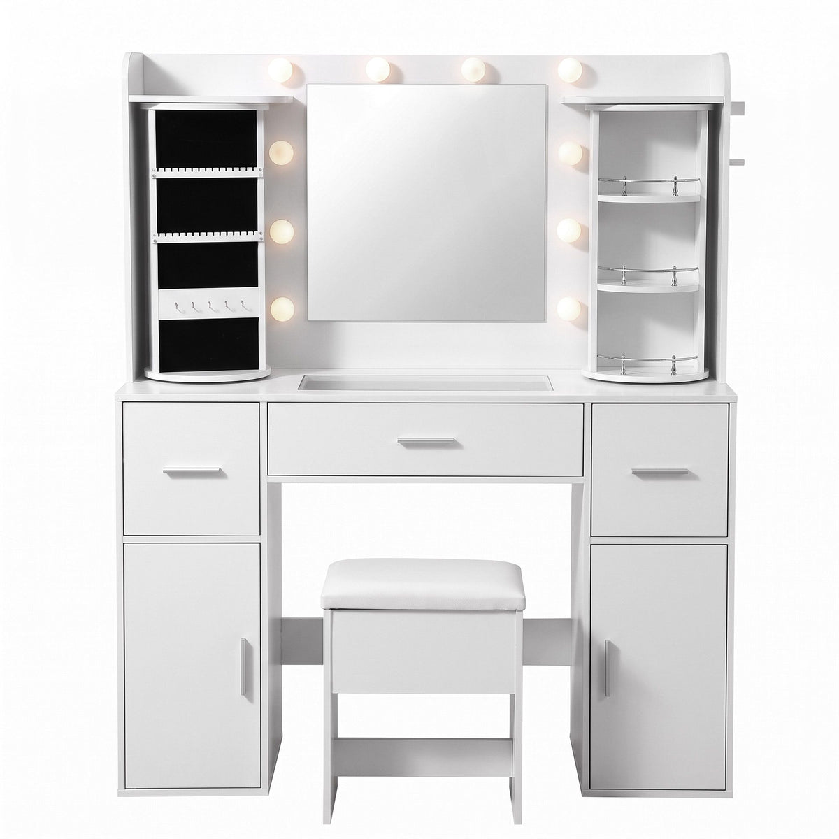 Dressing Table Vanity Desk with LED Mirror, Charging Station, Glass Top & Rotating Shelf - White - Furniture > Bedroom > Dressing Vanity & Dressing Tables - Rivercity House & Home Co. (ABN 18 642 972 209) - Affordable Modern Furniture Australia