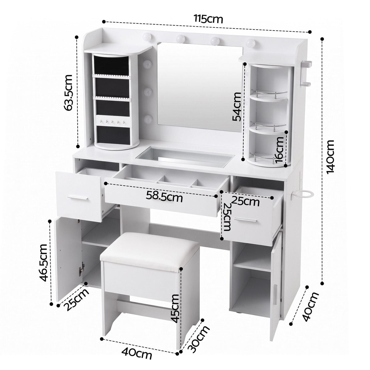 Dressing Table Vanity Desk with LED Mirror, Charging Station, Glass Top & Rotating Shelf - White - Furniture > Bedroom > Dressing Vanity & Dressing Tables - Rivercity House & Home Co. (ABN 18 642 972 209) - Affordable Modern Furniture Australia