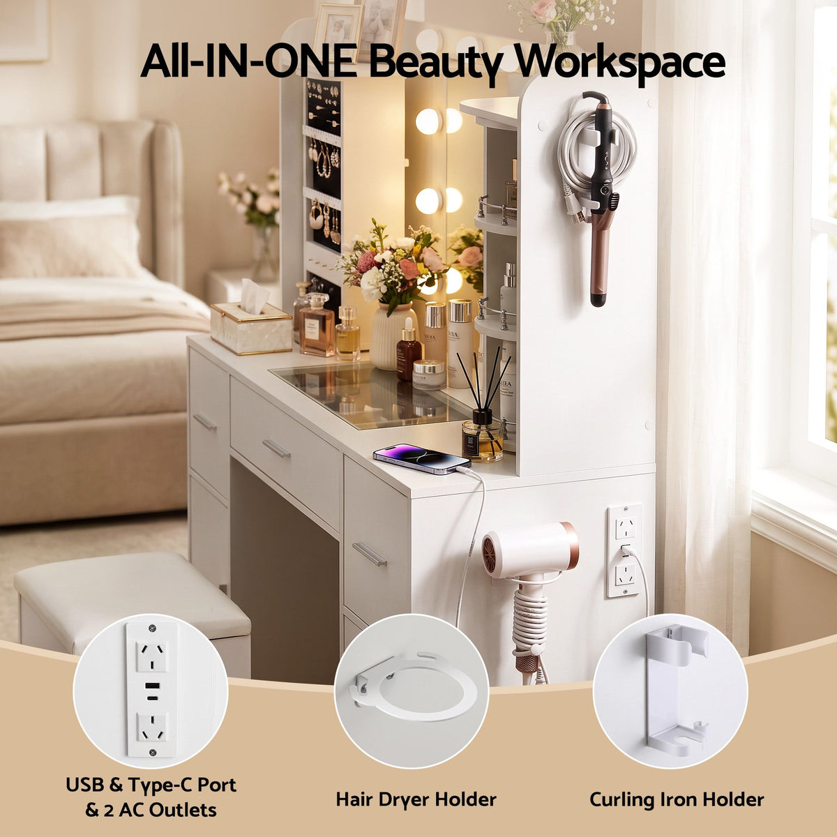 Dressing Table Vanity Desk with LED Mirror, Charging Station, Glass Top & Rotating Shelf - White - Furniture > Bedroom > Dressing Vanity & Dressing Tables - Rivercity House & Home Co. (ABN 18 642 972 209) - Affordable Modern Furniture Australia