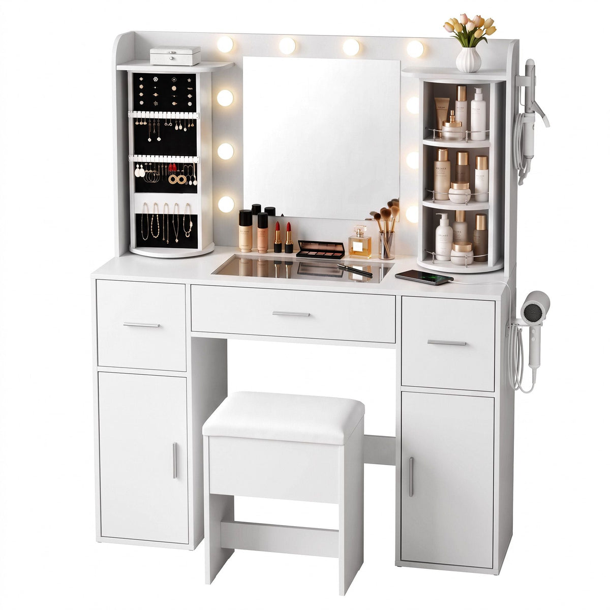 Dressing Table Vanity Desk with LED Mirror, Charging Station, Glass Top & Rotating Shelf - White - Furniture > Bedroom > Dressing Vanity & Dressing Tables - Rivercity House & Home Co. (ABN 18 642 972 209) - Affordable Modern Furniture Australia