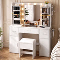 Dressing Table Vanity Desk with LED Mirror, Charging Station, Glass Top & Rotating Shelf - White