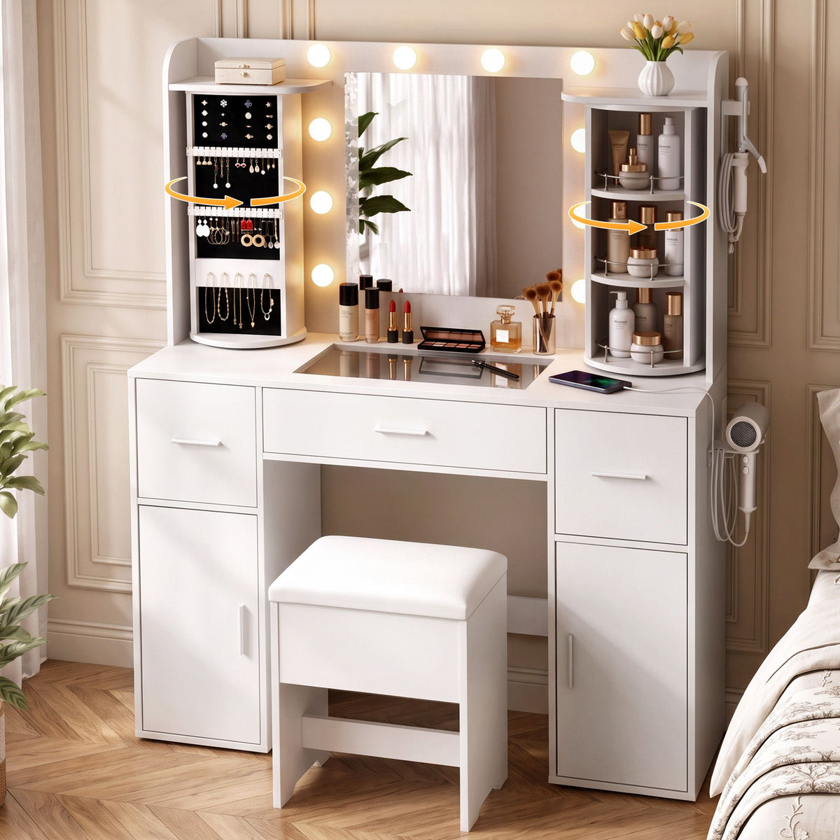 Dressing Table Vanity Desk with LED Mirror, Charging Station, Glass Top & Rotating Shelf - White - Furniture > Bedroom > Dressing Vanity & Dressing Tables - Rivercity House & Home Co. (ABN 18 642 972 209) - Affordable Modern Furniture Australia