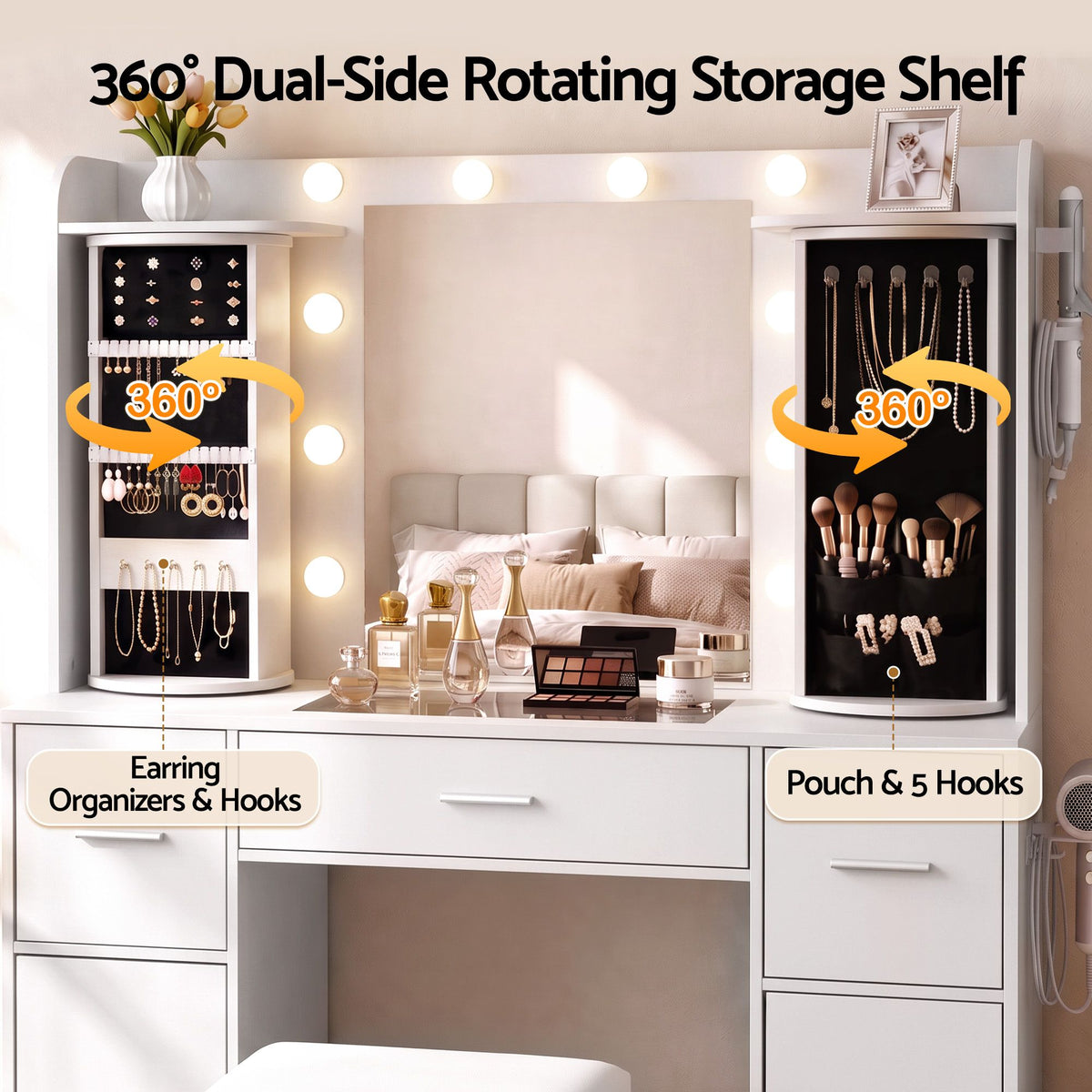 Dressing Table Vanity Desk with LED Mirror, Charging Station, Glass Top & Rotating Shelf - White - Furniture > Bedroom > Dressing Vanity & Dressing Tables - Rivercity House & Home Co. (ABN 18 642 972 209) - Affordable Modern Furniture Australia
