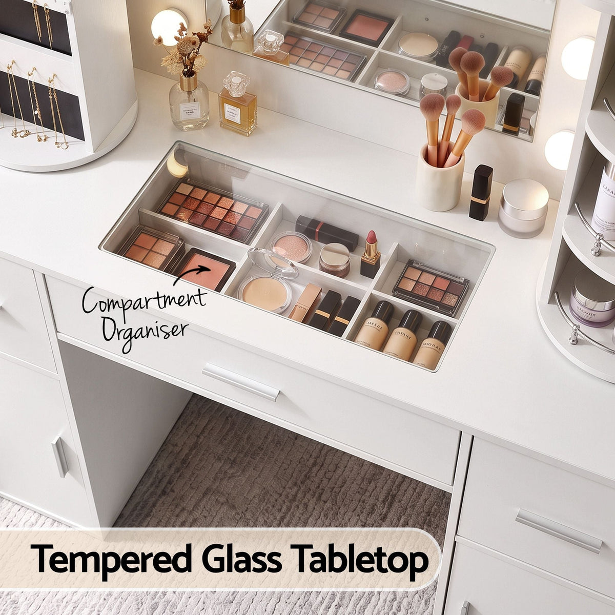 Dressing Table Vanity Desk with LED Mirror, Charging Station, Glass Top & Rotating Shelf - White - Furniture > Bedroom > Dressing Vanity & Dressing Tables - Rivercity House & Home Co. (ABN 18 642 972 209) - Affordable Modern Furniture Australia