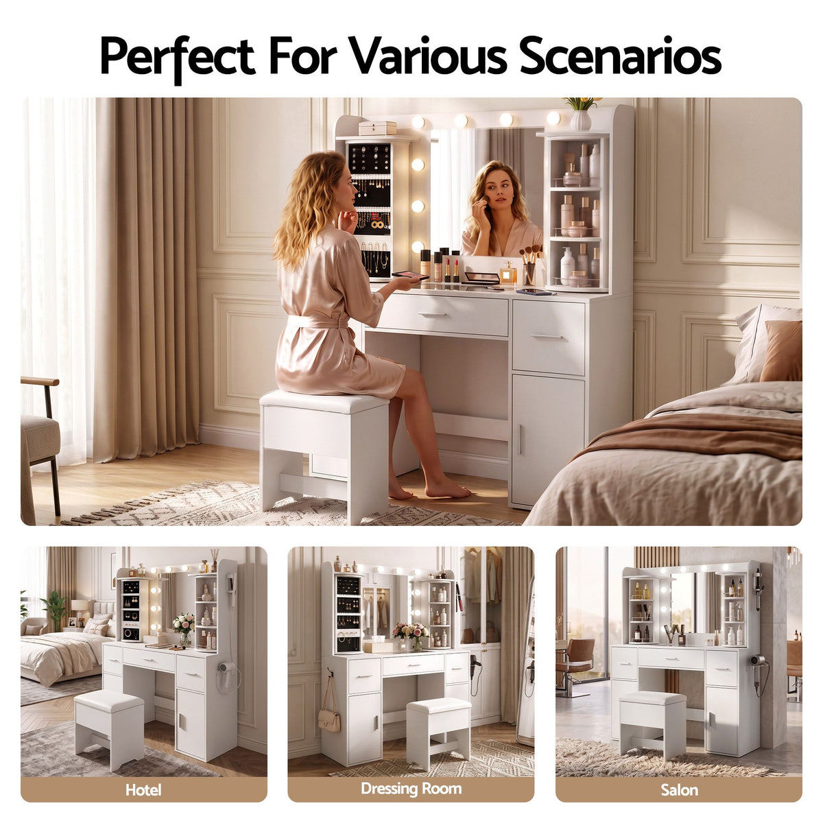 Dressing Table Vanity Desk with LED Mirror, Charging Station, Glass Top & Rotating Shelf - White - Furniture > Bedroom > Dressing Vanity & Dressing Tables - Rivercity House & Home Co. (ABN 18 642 972 209) - Affordable Modern Furniture Australia