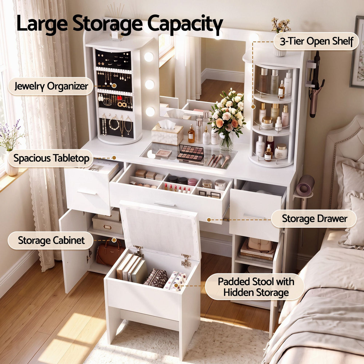 Dressing Table Vanity Desk with LED Mirror, Charging Station, Glass Top & Rotating Shelf - White - Furniture > Bedroom > Dressing Vanity & Dressing Tables - Rivercity House & Home Co. (ABN 18 642 972 209) - Affordable Modern Furniture Australia