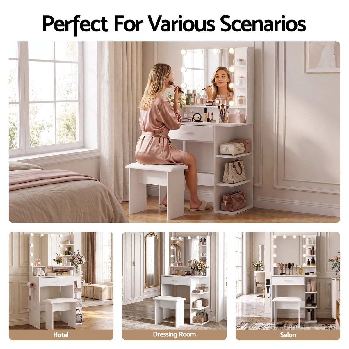 Dressing Table Vanity Desk with LED Mirror, Stool, Storage & Power Outlet Hairdryer Holder - White - Furniture > Bedroom > Dressing Vanity & Dressing Tables - Rivercity House & Home Co. (ABN 18 642 972 209) - Affordable Modern Furniture Australia