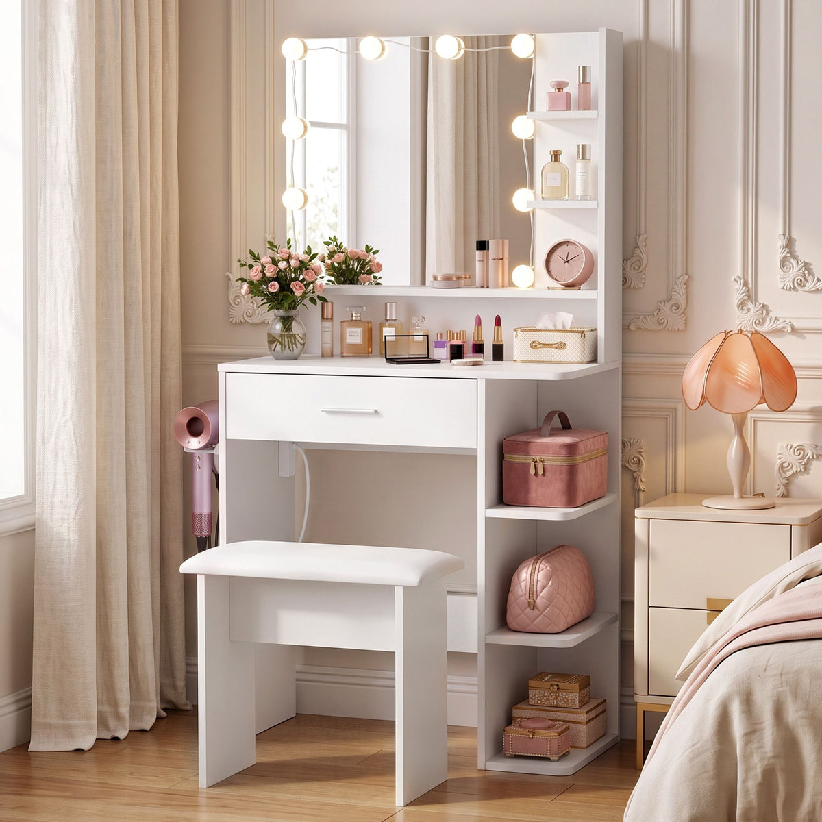 Dressing Table Vanity Desk with LED Mirror, Stool, Storage & Power Outlet Hairdryer Holder - White - Furniture > Bedroom > Dressing Vanity & Dressing Tables - Rivercity House & Home Co. (ABN 18 642 972 209) - Affordable Modern Furniture Australia