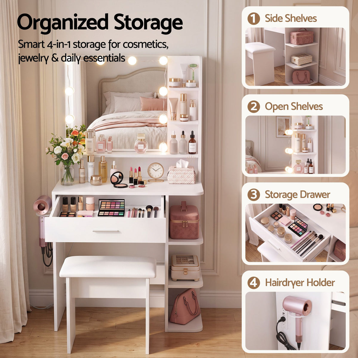 Dressing Table Vanity Desk with LED Mirror, Stool, Storage & Power Outlet Hairdryer Holder - White - Furniture > Bedroom > Dressing Vanity & Dressing Tables - Rivercity House & Home Co. (ABN 18 642 972 209) - Affordable Modern Furniture Australia