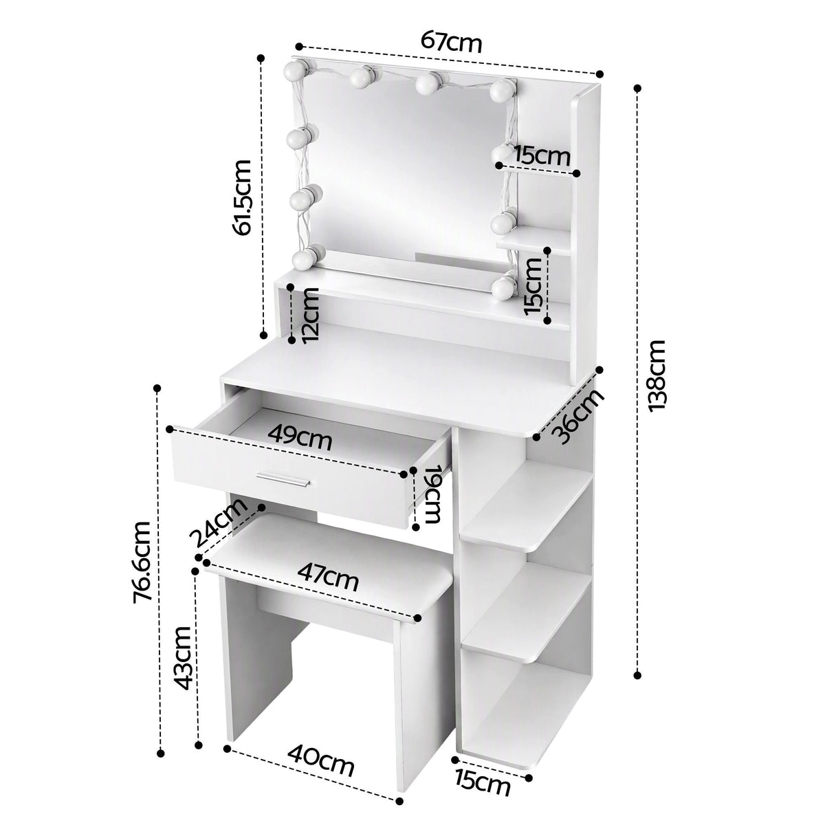 Dressing Table Vanity Desk with LED Mirror, Stool, Storage & Power Outlet Hairdryer Holder - White - Furniture > Bedroom > Dressing Vanity & Dressing Tables - Rivercity House & Home Co. (ABN 18 642 972 209) - Affordable Modern Furniture Australia