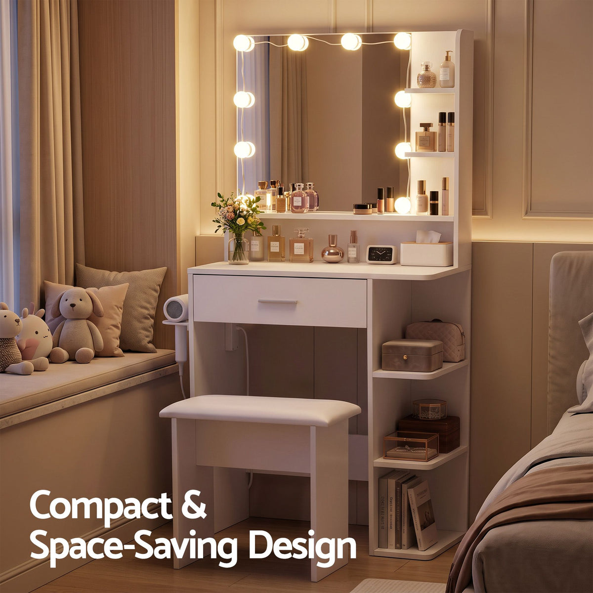 Dressing Table Vanity Desk with LED Mirror, Stool, Storage & Power Outlet Hairdryer Holder - White - Furniture > Bedroom > Dressing Vanity & Dressing Tables - Rivercity House & Home Co. (ABN 18 642 972 209) - Affordable Modern Furniture Australia