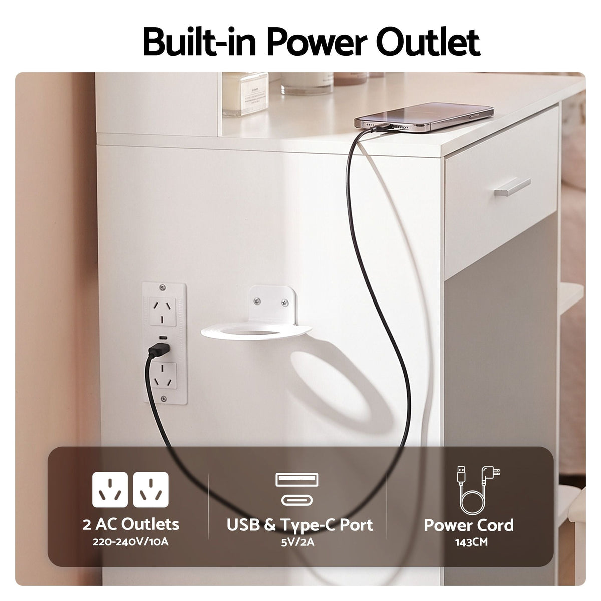 Dressing Table Vanity Desk with LED Mirror, Stool, Storage & Power Outlet Hairdryer Holder - White - Furniture > Bedroom > Dressing Vanity & Dressing Tables - Rivercity House & Home Co. (ABN 18 642 972 209) - Affordable Modern Furniture Australia