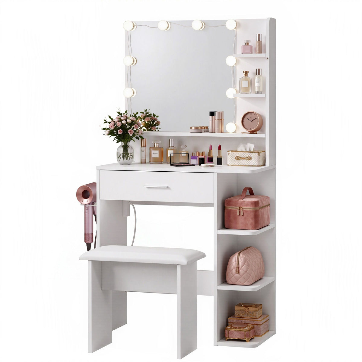 Dressing Table Vanity Desk with LED Mirror, Stool, Storage & Power Outlet Hairdryer Holder - White - Furniture > Bedroom > Dressing Vanity & Dressing Tables - Rivercity House & Home Co. (ABN 18 642 972 209) - Affordable Modern Furniture Australia