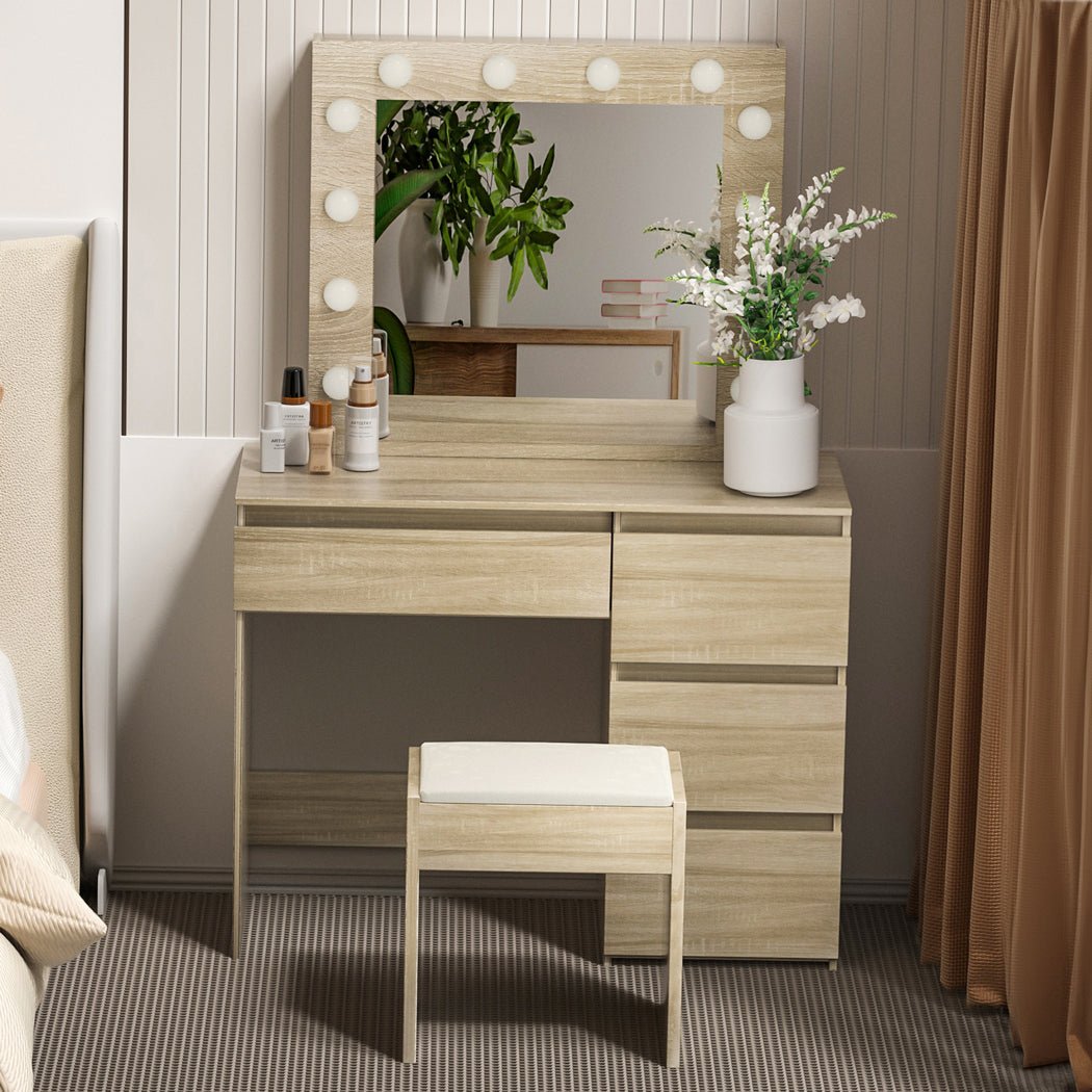 Dressing Table Vanity Set with 3 - Color LED Mirror and PU Stool - Oak - Rivercity House & Home Co. (ABN 18 642 972 209) - Affordable Modern Furniture Australia