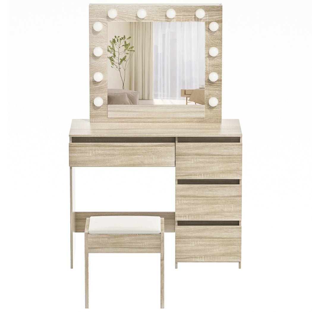 Dressing Table Vanity Set with 3 - Color LED Mirror and PU Stool - Oak - Rivercity House & Home Co. (ABN 18 642 972 209) - Affordable Modern Furniture Australia