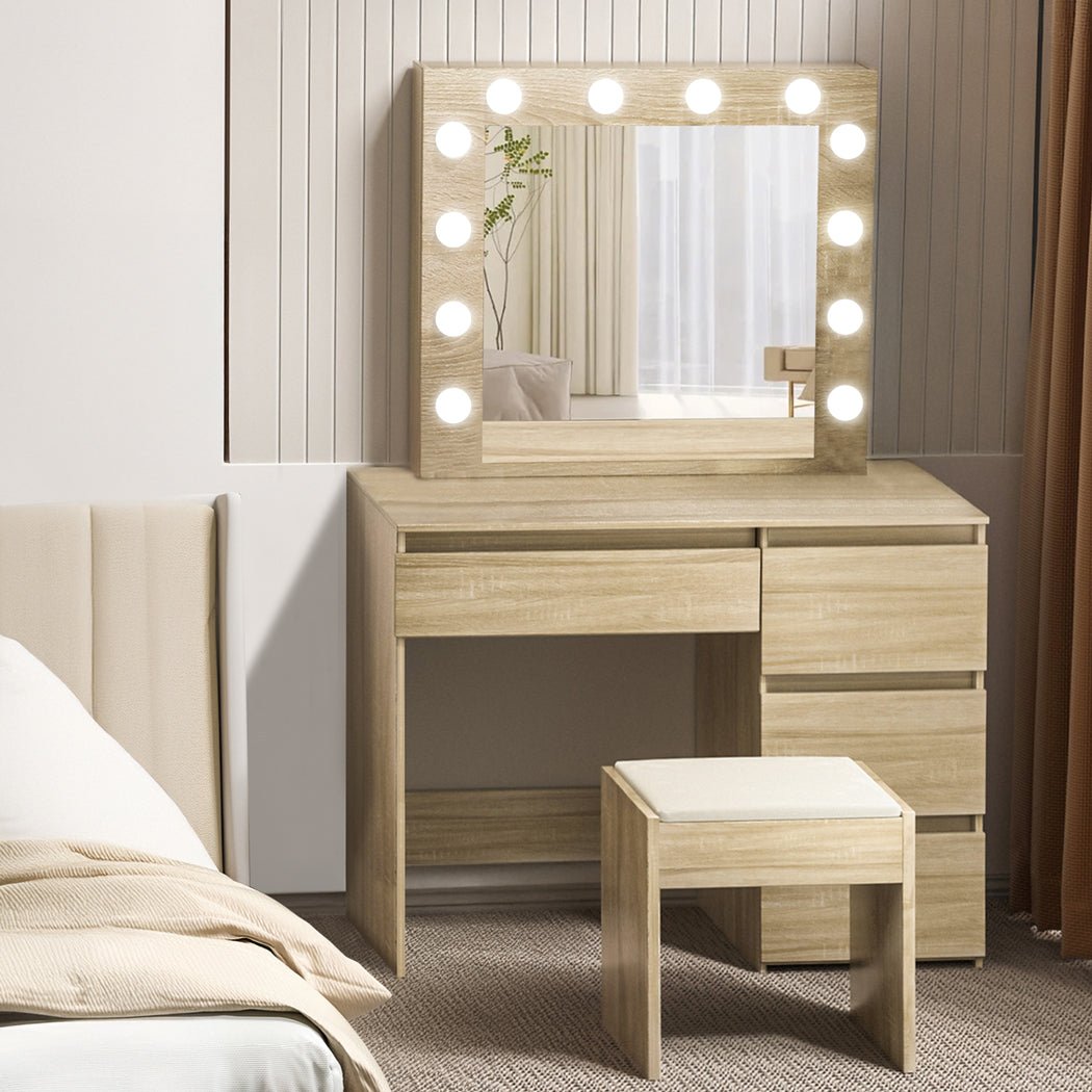 Dressing Table Vanity Set with 3 - Color LED Mirror and PU Stool - Oak - Rivercity House & Home Co. (ABN 18 642 972 209) - Affordable Modern Furniture Australia