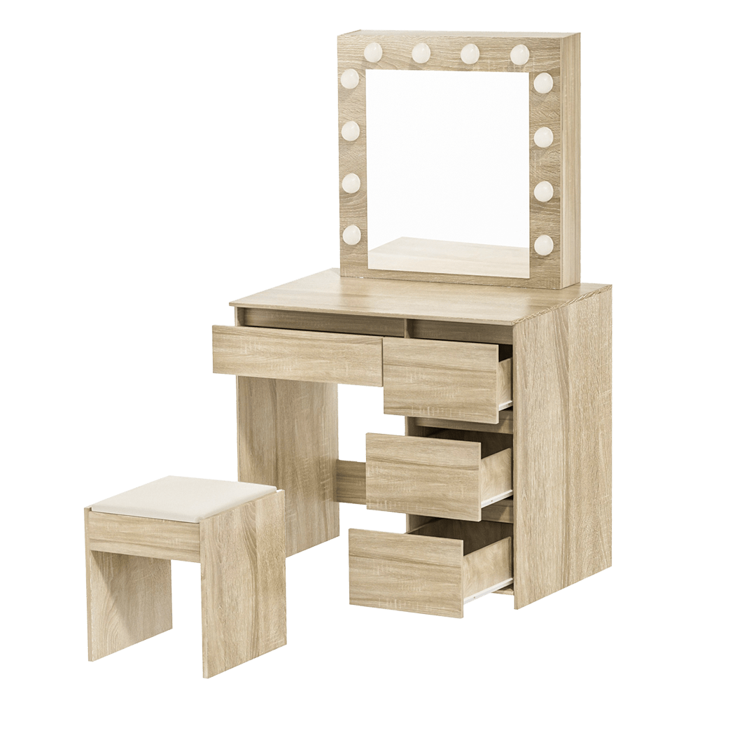 Dressing Table Vanity Set with 3 - Color LED Mirror and PU Stool - Oak - Rivercity House & Home Co. (ABN 18 642 972 209) - Affordable Modern Furniture Australia