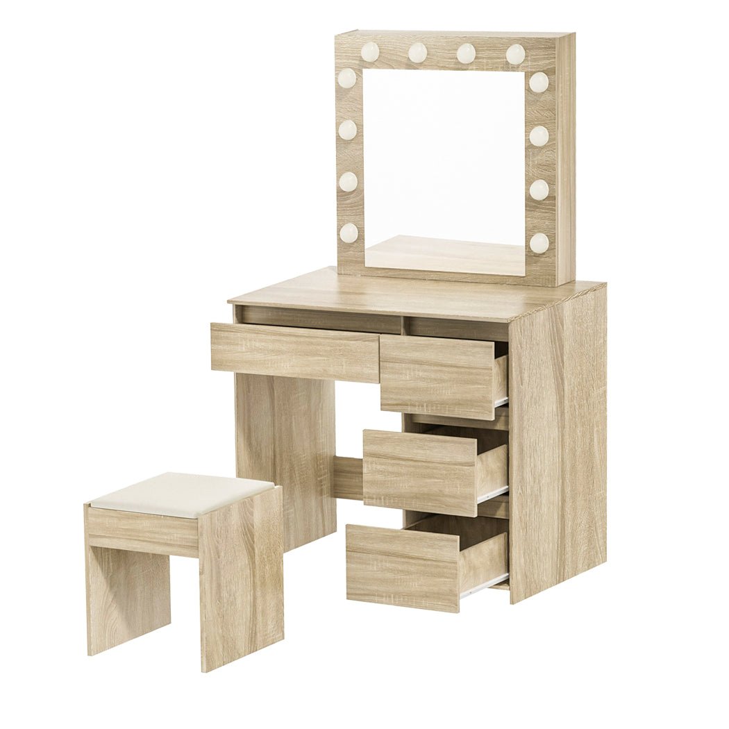Dressing Table Vanity Set with 3 - Color LED Mirror and PU Stool - Oak - Rivercity House & Home Co. (ABN 18 642 972 209) - Affordable Modern Furniture Australia