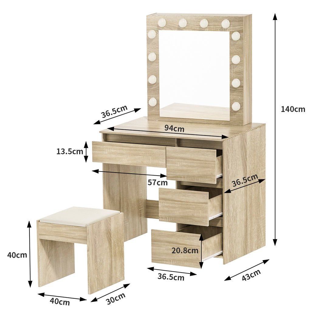 Dressing Table Vanity Set with 3 - Color LED Mirror and PU Stool - Oak - Rivercity House & Home Co. (ABN 18 642 972 209) - Affordable Modern Furniture Australia