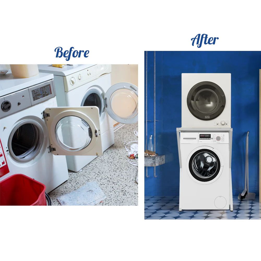 Dryer Stand Over Front Loading Washing Machine, 100kg Heavy Duty Steel Stacking Kit, 102x67x60cm Space Saving Shelf for Small Home, Anti - Slip Rubber Surface, Fits Tumble Dryers & Washers, White - Appliances > Washers, Dryers & Irons > Washing Machines - Rivercity House & Home Co. (ABN 18 642 972 209) - Affordable Modern Furniture Australia
